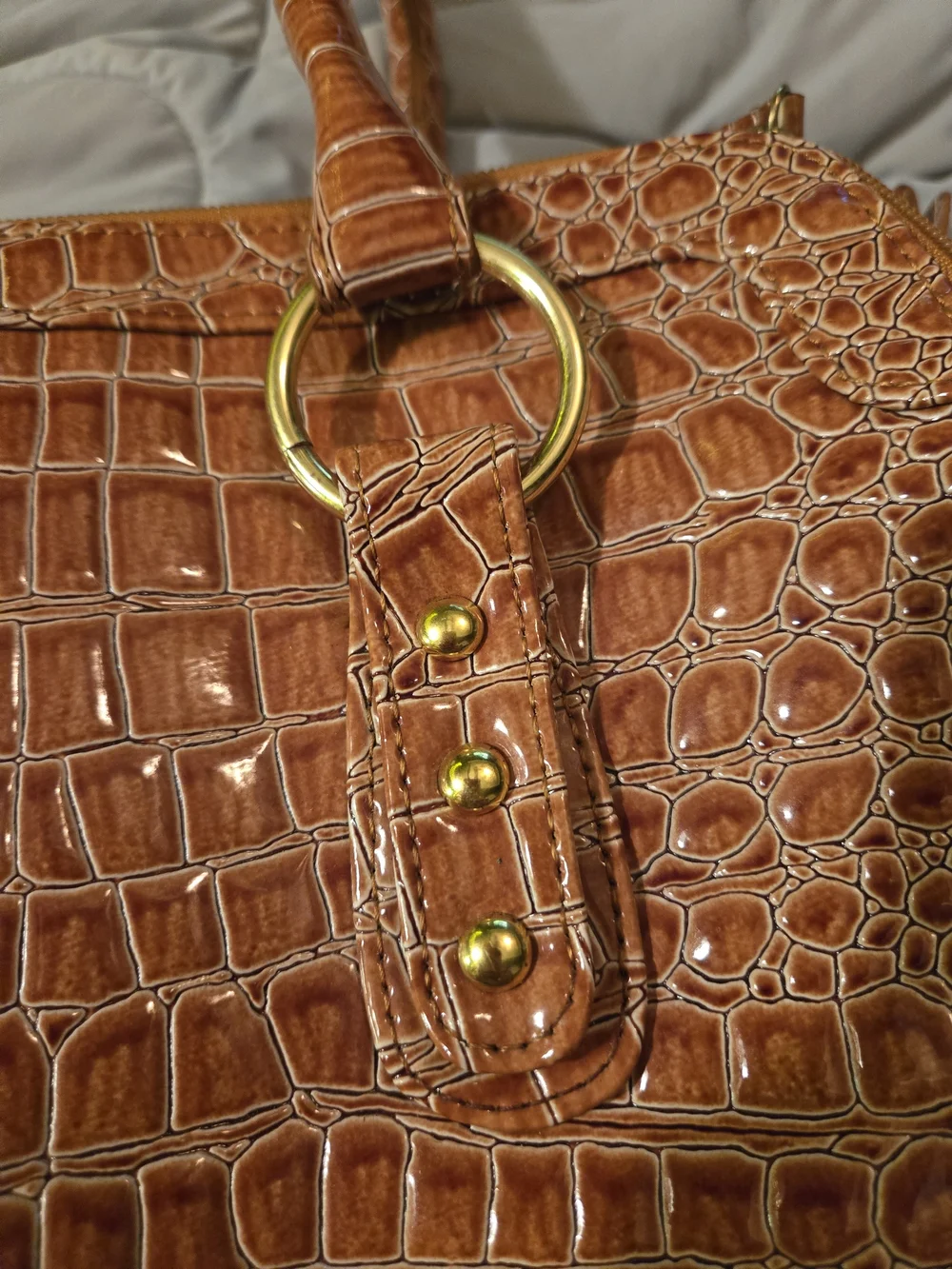 Joan Rivers Classics Faux Crocodile Handbag in Cognac.  Good Condition. 11x14x5